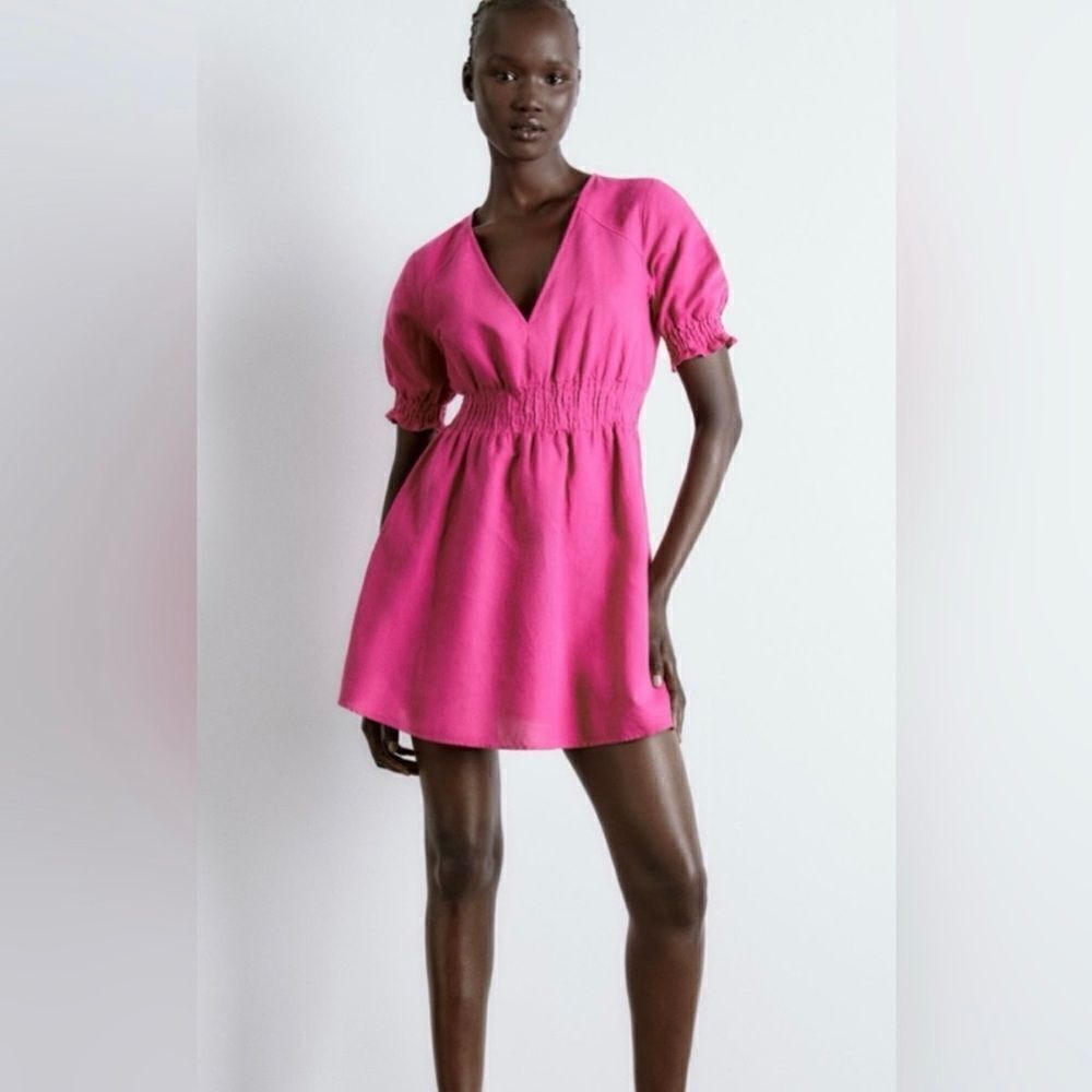 Zara Linen Blend Mini Dress With Elastic Waistband